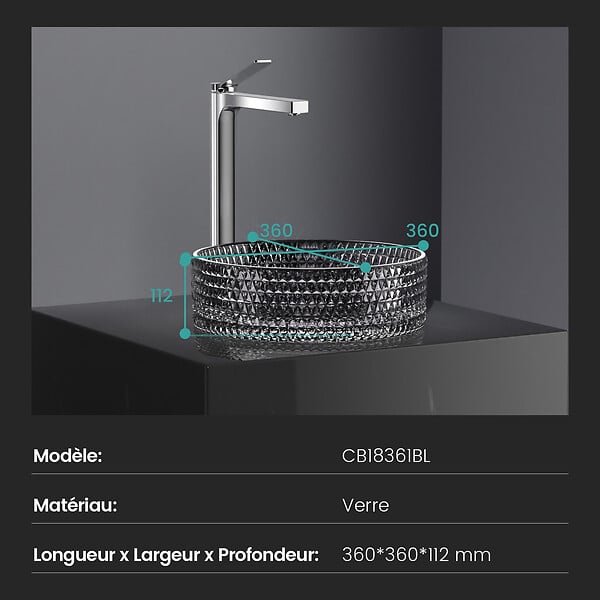 EMKE - EMKE Vasque à Poser Ronde, 360 x 360 x 112 mm, Lavabo en Verre Noir, Design Montage sur Comptoir - large