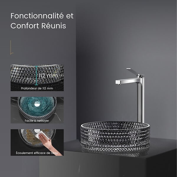 EMKE - EMKE Vasque à Poser Ronde, 360 x 360 x 112 mm, Lavabo en Verre Noir, Design Montage sur Comptoir - large