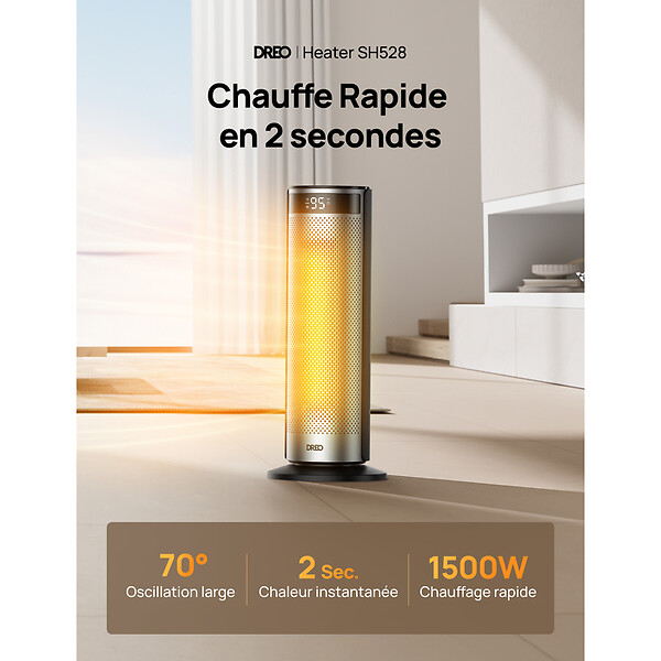 DREO - Chauffage soufflant céramique PTC Dreo SOLARIS 628 puissance réglable 900 à 2000W - large