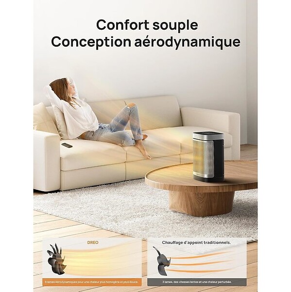 DREO - Chauffage soufflant céramique PTC Dreo HEATER 318 puissance réglable 900 à 1500W - large