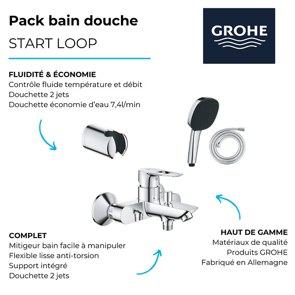 GROHE - Pack mitigeur mécanique Start Loop + Douchette 2 jets Vitalio Comfort 110 + Flexible1750 mm et support - large