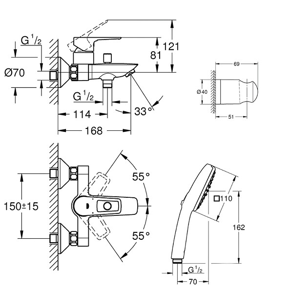 GROHE - Pack mitigeur mécanique Start Loop + Douchette 2 jets Vitalio Comfort 110 + Flexible1750 mm et support - large