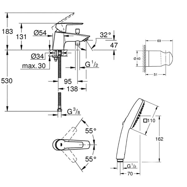 GROHE - Pack mitigeur mécanique Quickfix Start 2021 + Douchette 2 jets Vitalio Start 110 + Flexible1750 mm et support - large