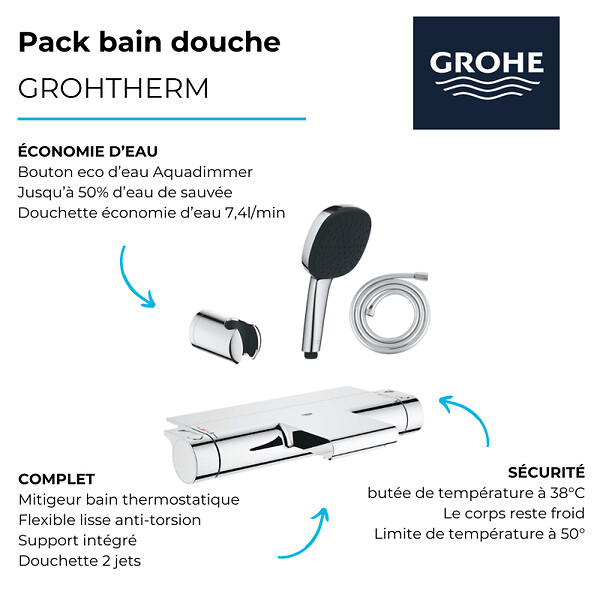 GROHE - Pack mitigeur bain douche thermostatique Grohtherm 2000 + Douchette 2 jets Comfort110 + Flexible1750 mm et support - large