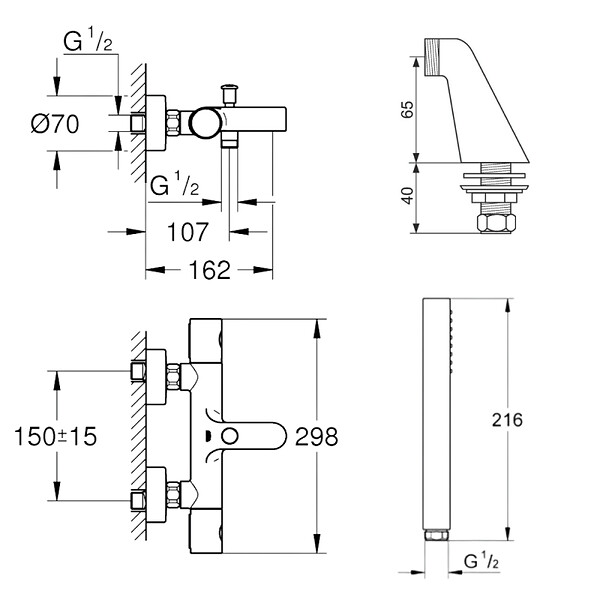 GROHE - Pack mitigeur thermostatique Get avec colonnettes + Douchette 1 jet Vitalio Get Stick + Flexible 1750 mm - large