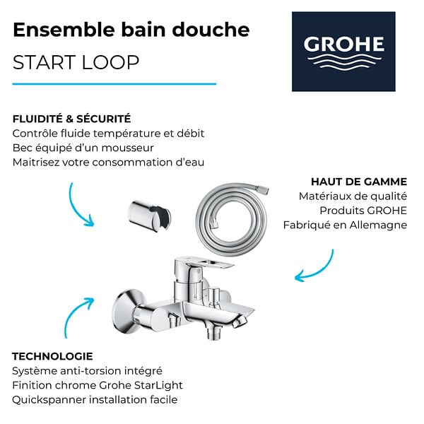 GROHE - Pack mitigeur mécanique bain douche Start Loop chromé + Flexible dche VitalioFlex Comfort 1750 et support - large