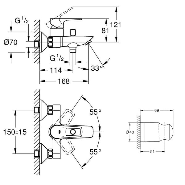 GROHE - Pack mitigeur mécanique bain douche Start Loop chromé + Flexible dche VitalioFlex Comfort 1750 et support - large