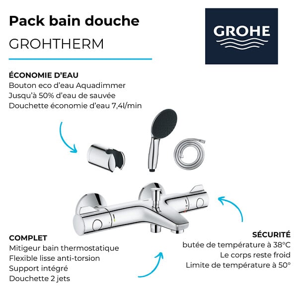 GROHE - Pack mitigeur thermostatique Grotherm 800 + Douchette 2 jets Vitalio Start 110 + Flexible1750 mm et support - large