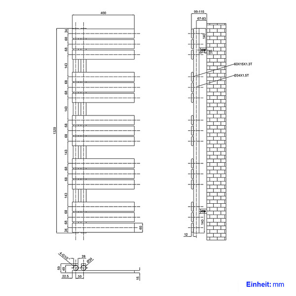 EMKE - EMKE Sèche-serviettes à Eau Chaude Panneau Plat, Sèche-serviettes connexion latérale pour, Blanc 1320x400mm 570Watts - large