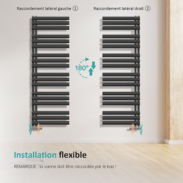 EMKE - Sèche-serviette eau chaude EMKE raccord latéral radiateur sèche-serviettes anthracite 174 × 60 cm 823 watts - large