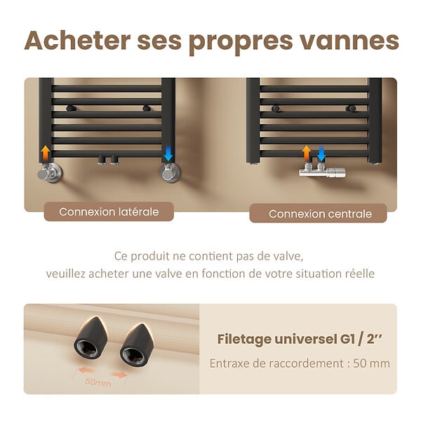 EMKE - EMKE Sèche-serviette eau chaude, Radiateur sèche-serviettes raccordement central Anthracite 120x60cm 598Watts - large