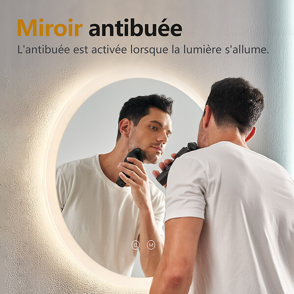EMKE - EMKE Miroir lumineux salle de bain rond diamètre 60cm, Miroir LED avec Interrupteur Tactile, Anti-buée, Miroir avec éclairage 3 couleurs - large