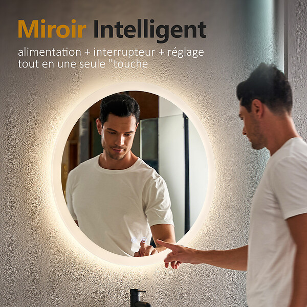 EMKE - EMKE Miroir lumineux salle de bain rond diamètre 60cm, Miroir LED avec Interrupteur Tactile, Anti-buée, Miroir avec éclairage 3 couleurs - large