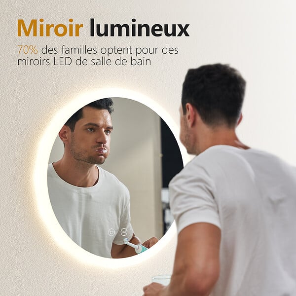 EMKE - EMKE Miroir lumineux salle de bain rond diamètre 70cm, Miroir LED avec Interrupteur Tactile, Anti-buée, Miroir avec éclairage 3 couleurs - large