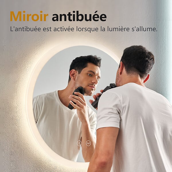 EMKE - EMKE Miroir lumineux salle de bain rond diamètre 70cm, Miroir LED avec Interrupteur Tactile, Anti-buée, Miroir avec éclairage 3 couleurs - large