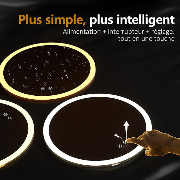 EMKE - EMKE Miroir lumineux salle de bain rond diamètre 70cm, Miroir LED avec Interrupteur Tactile, Anti-buée, Miroir avec éclairage 3 couleurs - large