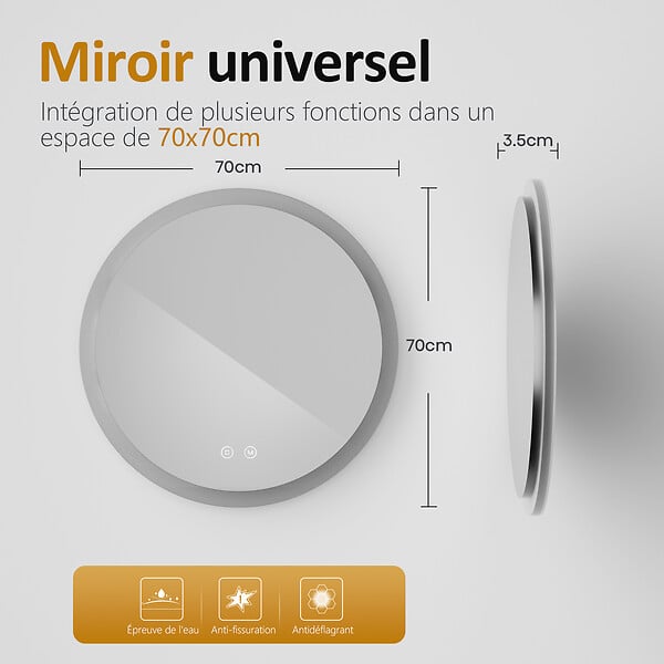 EMKE - EMKE Miroir lumineux salle de bain rond diamètre 70cm, Miroir LED avec Interrupteur Tactile, Anti-buée, Miroir avec éclairage 3 couleurs - large