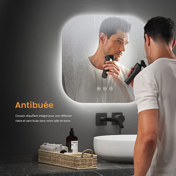 EMKE - EMKE Miroir lumineux salle de bain Rétro-éclairage 60x60cm,  Miroir LED avec Interrupteur Tactile, Anti-buée, Miroir avec éclairage Lumière Froide/Chaude/Neutre - large
