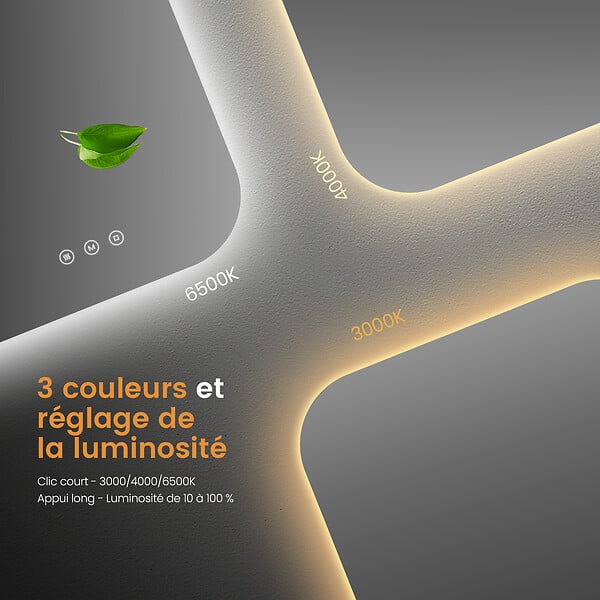 EMKE - EMKE Miroir lumineux salle de bain Rétro-éclairage 60x60cm,  Miroir LED avec Interrupteur Tactile, Anti-buée, Miroir avec éclairage Lumière Froide/Chaude/Neutre - large