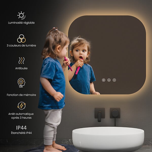 EMKE - EMKE Miroir lumineux salle de bain Rétro-éclairage 60x60cm,  Miroir LED avec Interrupteur Tactile, Anti-buée, Miroir avec éclairage Lumière Froide/Chaude/Neutre - large