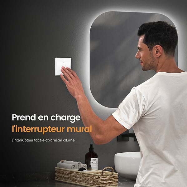 EMKE - EMKE Miroir lumineux salle de bain Rétro-éclairage 60x60cm,  Miroir LED avec Interrupteur Tactile, Anti-buée, Miroir avec éclairage Lumière Froide/Chaude/Neutre - large