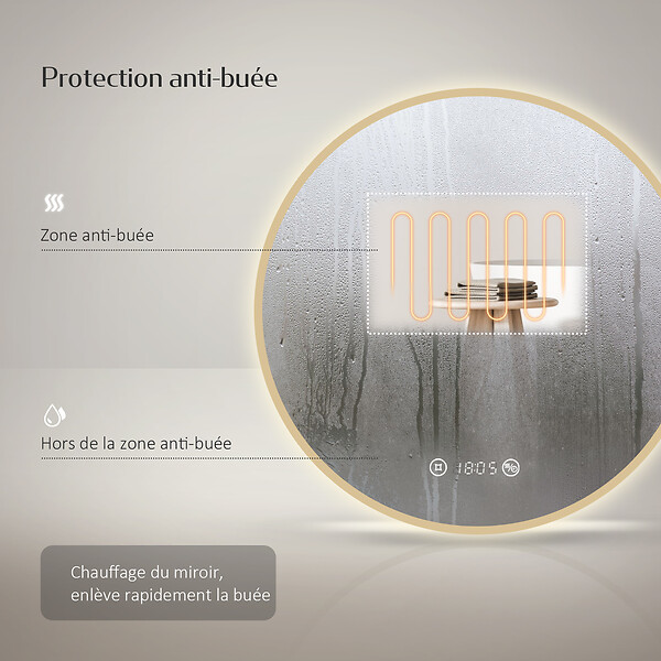 EMKE - EMKE Miroir lumineux salle de bain rond diamètre 70cm Cadre Doré, Miroir LED, Interrupteur Tactile, Anti-buée, Horloge et Temperature, Lumière Neutre - large