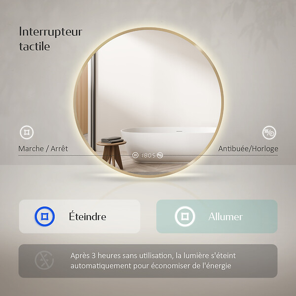 EMKE - EMKE Miroir lumineux salle de bain rond diamètre 70cm Cadre Doré, Miroir LED, Interrupteur Tactile, Anti-buée, Horloge et Temperature, Lumière Neutre - large