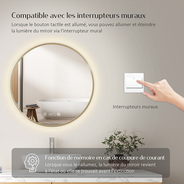 EMKE - EMKE Miroir lumineux salle de bain rond diamètre 70cm Cadre Doré, Miroir LED, Interrupteur Tactile, Anti-buée, Horloge et Temperature, Lumière Neutre - large