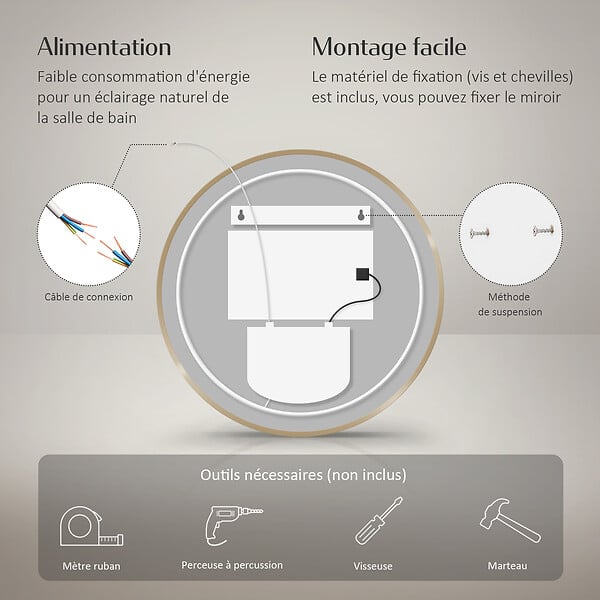 EMKE - EMKE Miroir lumineux salle de bain rond diamètre 70cm Cadre Doré, Miroir LED, Interrupteur Tactile, Anti-buée, Horloge et Temperature, Lumière Neutre - large
