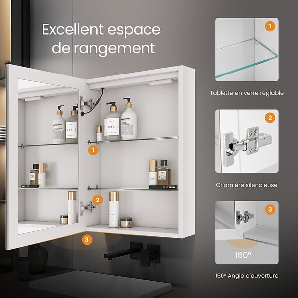 EMKE - EMKE Armoire de Toilette avec Éclairage 60x40cm Blanche Armoire Salle de Bain en Miroir, 3 Couleurs de Lumière, Anti-buée, Prise de Courant - large