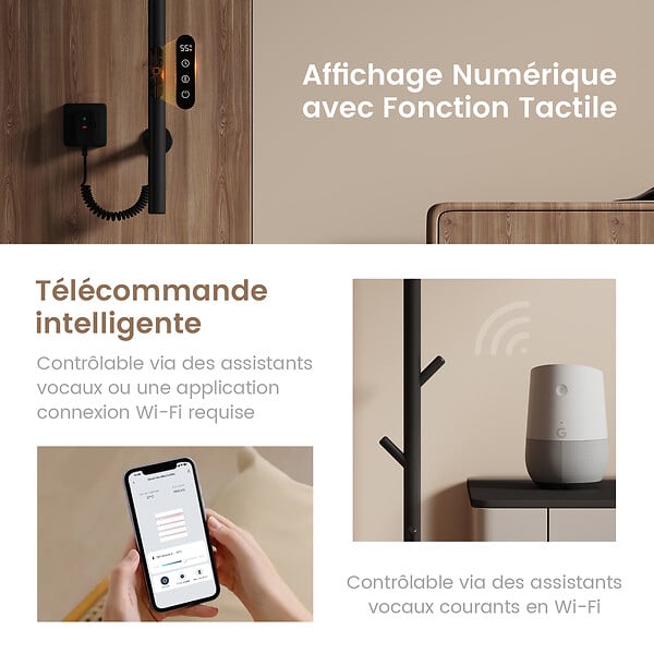 EMKE - EMKE Chauffe-serviettes Électrique, thermostat intelligent WiFi, sèche-serviettes électrique, barre unique, 150 cm de hauteur, Noir - large