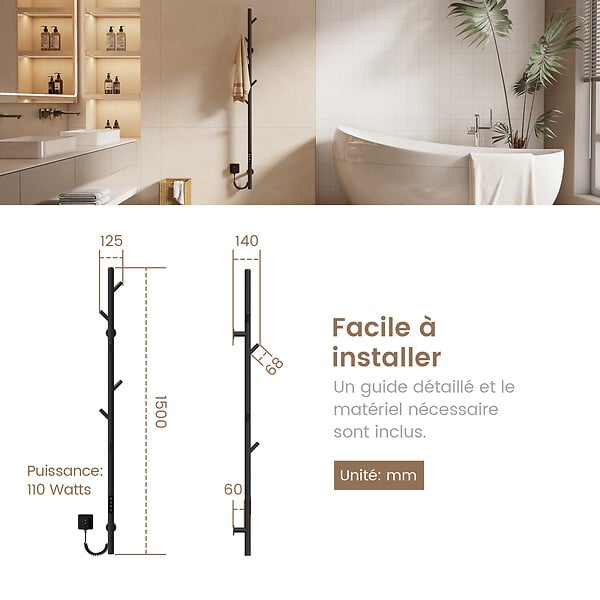 EMKE - EMKE Chauffe-serviettes Électrique, thermostat intelligent WiFi, sèche-serviettes électrique, barre unique, 150 cm de hauteur, Noir - large