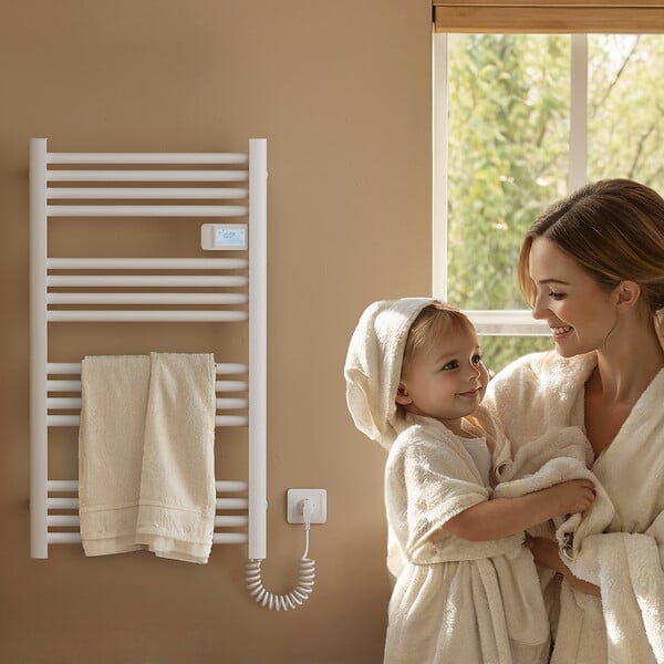 EMKE - EMKE Sèche-Serviettes Électrique 750 x 400 mm, Porte-serviettes de salle de bain électrique avec interrupteur tactile et minuterie, Blanc, 180W - large