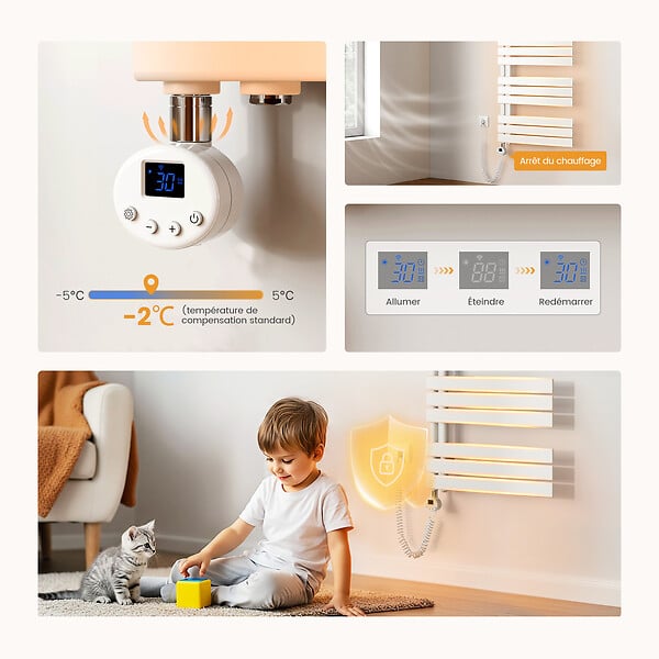 EMKE - EMKE Sèche-Serviettes Électrique Panneau avec élément chauffant thermostat, baguette chauffante avec minuterie, Blanc 1041x400mm 600W - large