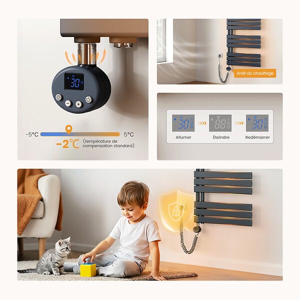 EMKE - EMKE Sèche-Serviettes Électrique Panneau avec élément chauffant thermostat, baguette chauffante avec minuterie, Anthracite 1320x500mm 800W - large
