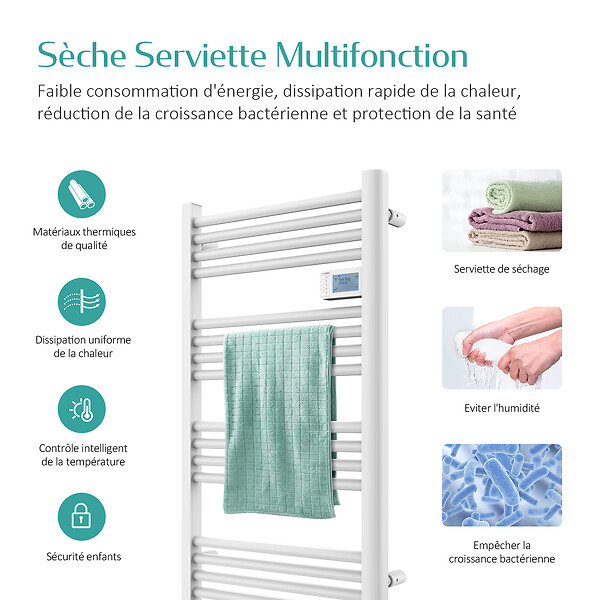 EMKE - EMKE Sèche-serviette électrique Aluminium Commande tactile Température réglable - 960 x 540 mm Blanc 500W - large