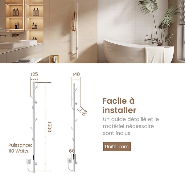 EMKE - EMKE Chauffe-serviettes Électrique, thermostat intelligent WiFi, sèche-serviettes électrique, barre unique, 150 cm de hauteur, Blanc - large