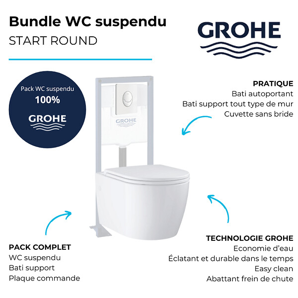 GROHE - Pack WC suspendu sans bride Start Round  + abattant frein de chute + Bâti-support autoportant + Plaque blanc alpin - large