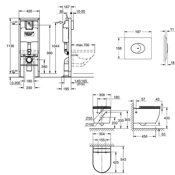 GROHE - Pack WC suspendu sans bride Start Round  + abattant frein de chute + Bâti-support autoportant + Plaque blanc alpin - large