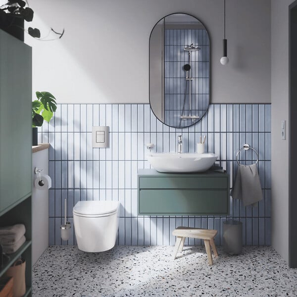 GROHE - Pack WC suspendu sans bride Start Round Ceramic  + Bati support hauteur réduite universel mur-sol + Plaque carré chromé - large