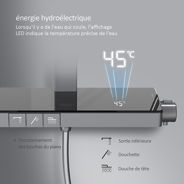 EMKE - EMKE Colonne de douche Thermostat Ensemble de colonne de douche avec plaque thermostatique de 40 cm, douchette à effet pluie, Gris métal - large