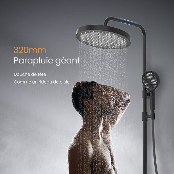 EMKE - EMKE Colonne de Douche avec douche theramostat 38 °C à Grande douche de tête et douchette multimode, Cercle, noir - large