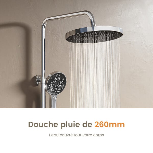 EMKE - EMKE Colonne de douche Thermostat Chrome, Régulation innovante du débit, douche à effet pluie de 26 cm, douchette à main avec 3 jets Système de douche - large