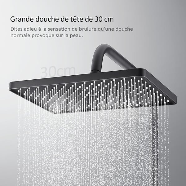 EMKE - EMKE Colonne de douche thermostat, douchette à 3 puissances de jet, jet cascade, set de douche avec étagère en verre, Certification KTW, Gris métal - large
