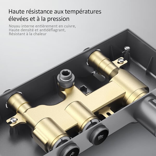 EMKE - EMKE Colonne de douche thermostat, douchette à 3 puissances de jet, jet cascade, set de douche avec étagère en verre, Certification KTW, Gris métal - large