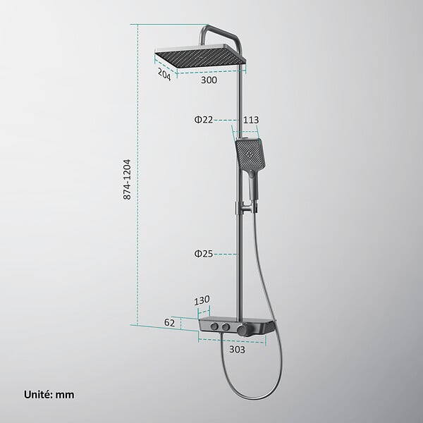 EMKE - EMKE Colonne de douche thermostat, douchette à 3 puissances de jet, jet cascade, set de douche avec étagère en verre, Certification KTW, Gris métal - large