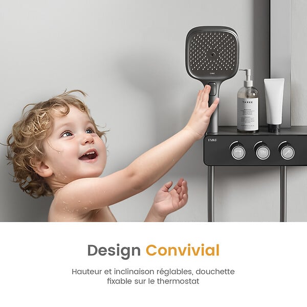 EMKE - EMKE Colonne de douche Thermostat – Anthracite Mat, Régulation innovante du débit, douche à effet pluie de 36x24 cm, douchette à main avec 3 jets - large