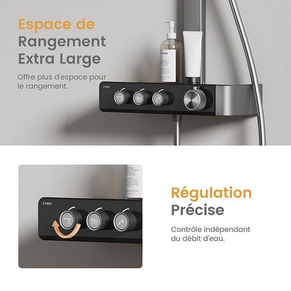 EMKE - EMKE Colonne de douche Thermostat – Anthracite Mat, Régulation innovante du débit, douche à effet pluie de 36x24 cm, douchette à main avec 3 jets - large
