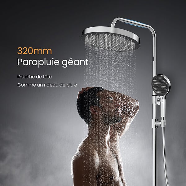 EMKE - EMKE Colonne de Douche avec douche theramostat 38 °C à Grande douche de tête et douchette multimode, Cercle, chromé - large