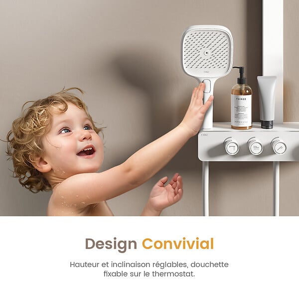 EMKE - EMKE Colonne de douche Thermostat – Blanc Mat, Régulation innovante du débit, douche à effet pluie de 36x24 cm, douchette à main avec 3 jets - large